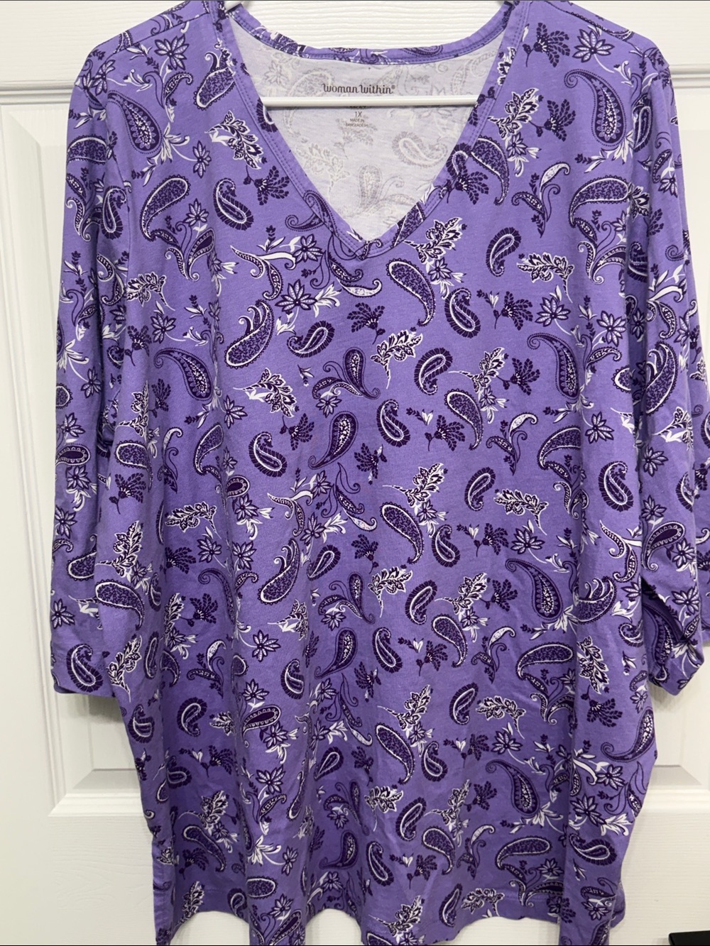 Woman Within 1X 22/24 Purple Paisley Cotton V-Neck 3/4 Sleeve Tunic Top